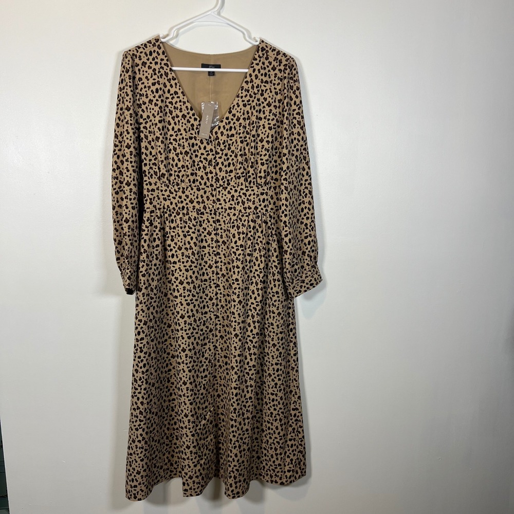 J.Crew Leopard Print V-Neck Button Front Midi Dress AD076 Tan Brown Womens 12